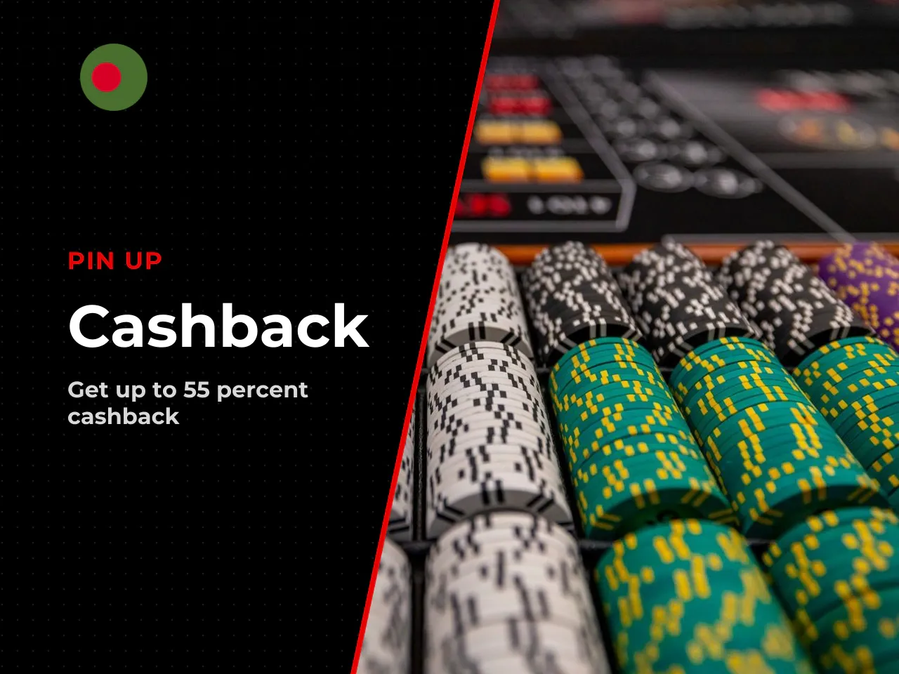 Promo Code, Cashback & Additional Offers. **Cashback offers:** Pin Up Bet advertises cashback on losing accumulator bets — reportedly up to **55%** of the original stake. Cashback is typically credite